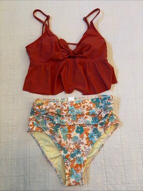 Floral Print Tankini in Teal & Burnt Orange